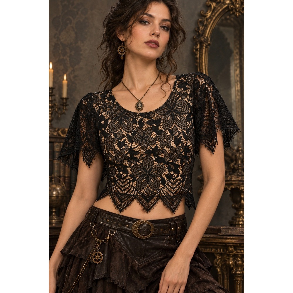 Black Floral Lace Scalloped Crop Top Blouse Nude Lining L Steampunk Dark Romance